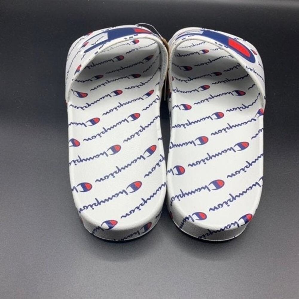 NEW Champion IPO Repeat Men's Slides Sz 11 White Logo Script Red Blue CM100080M - Picture 6 of 8